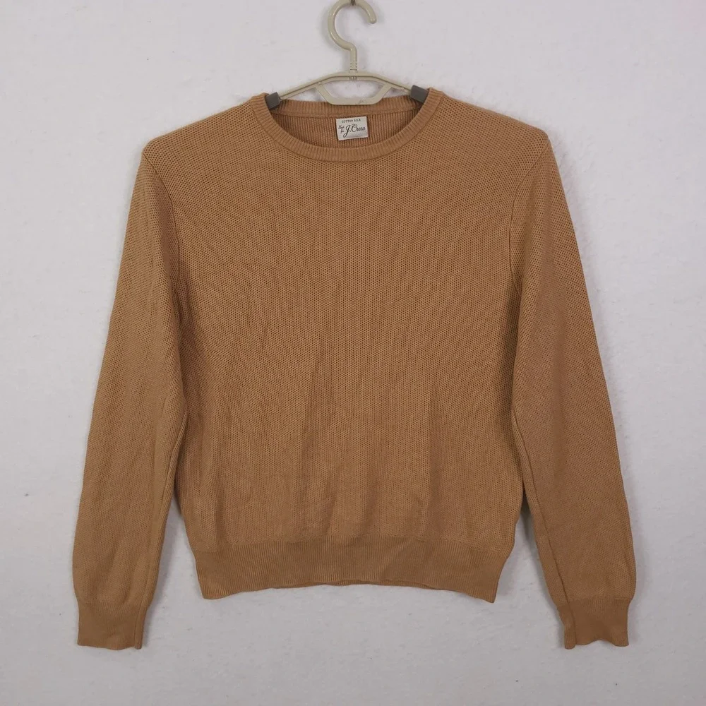 J.Crew Sweater Mens L Tan Camel Cotton Silk Textured Crewneck Knit Pullover